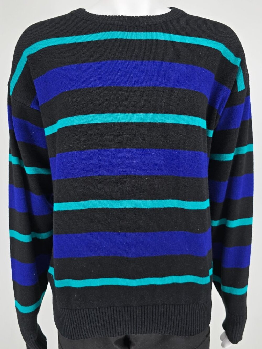 Vintage 1990s Van Cort Black/Blue/Teal Striped Acrylic Crew Neck Sweater (XL)